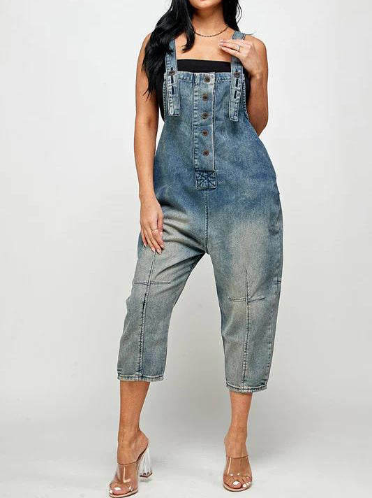 Casual Style Denim Suspender Jumpsuit