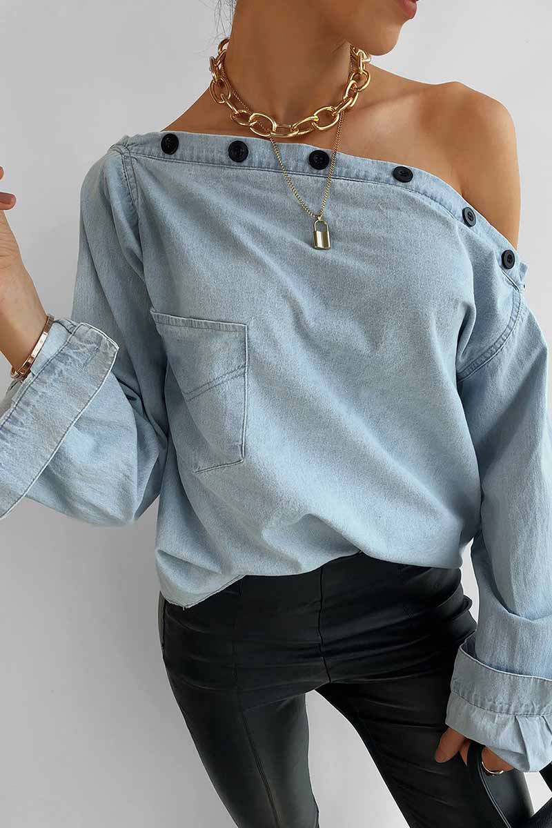 Spring Button-Neck Off-Shoulder Long-Sleeved Denim Shirt