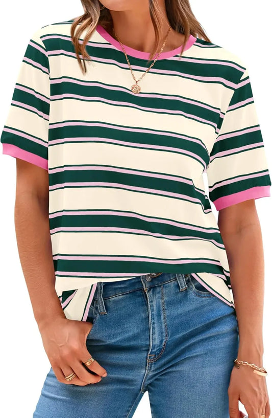 Color Block Crewneck Striped Short Sleeve T Shirts