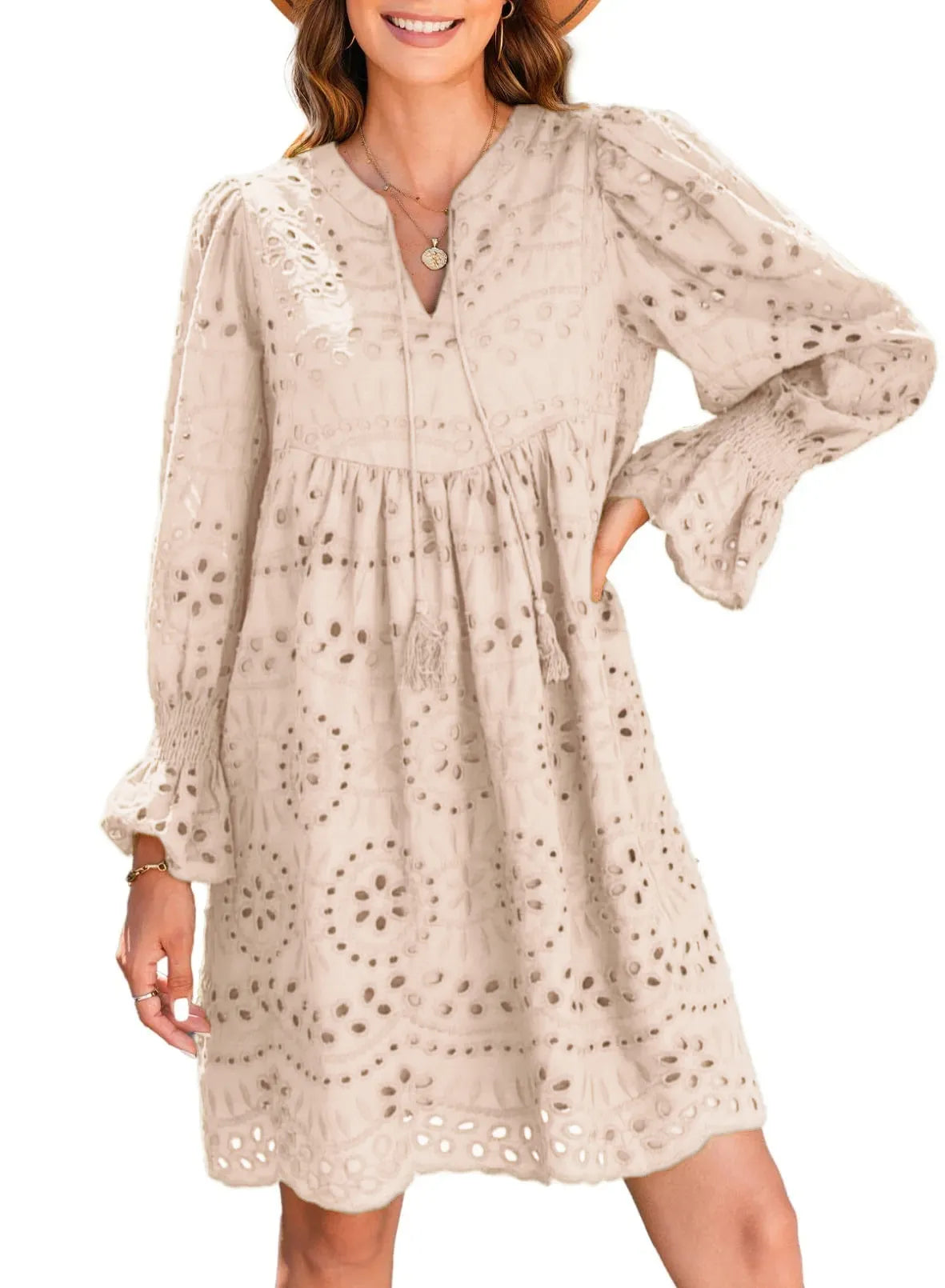 V Neck Long Sleeve Hollow Out Lace Ruffle Dresses