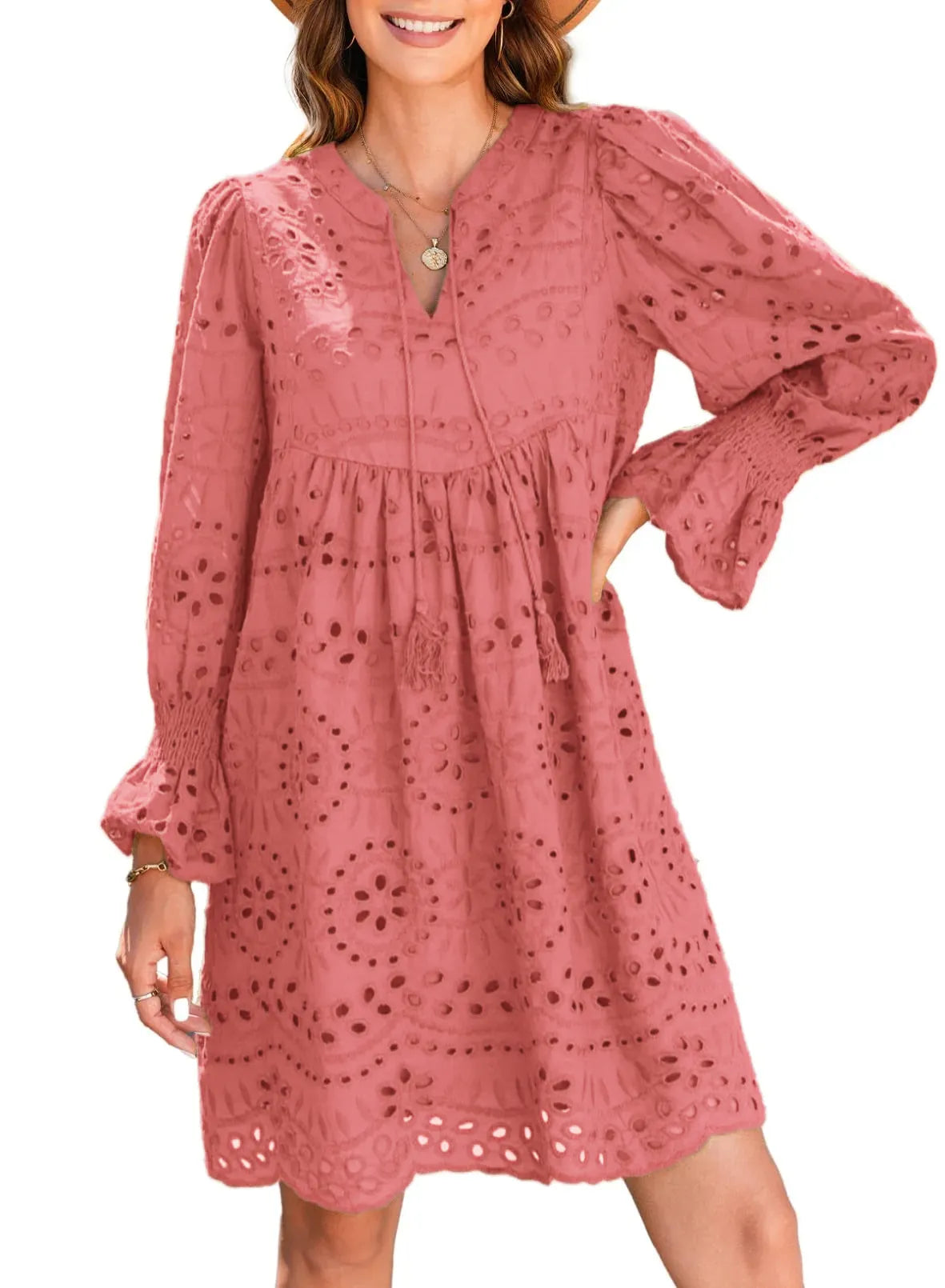 V Neck Long Sleeve Hollow Out Lace Ruffle Dresses