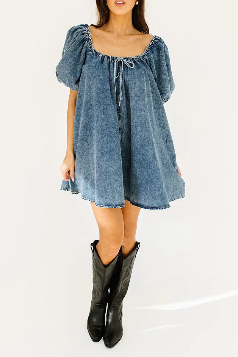 Casual Draw String Pocket Square Neck Short Sleeve Loose Denim Dresses