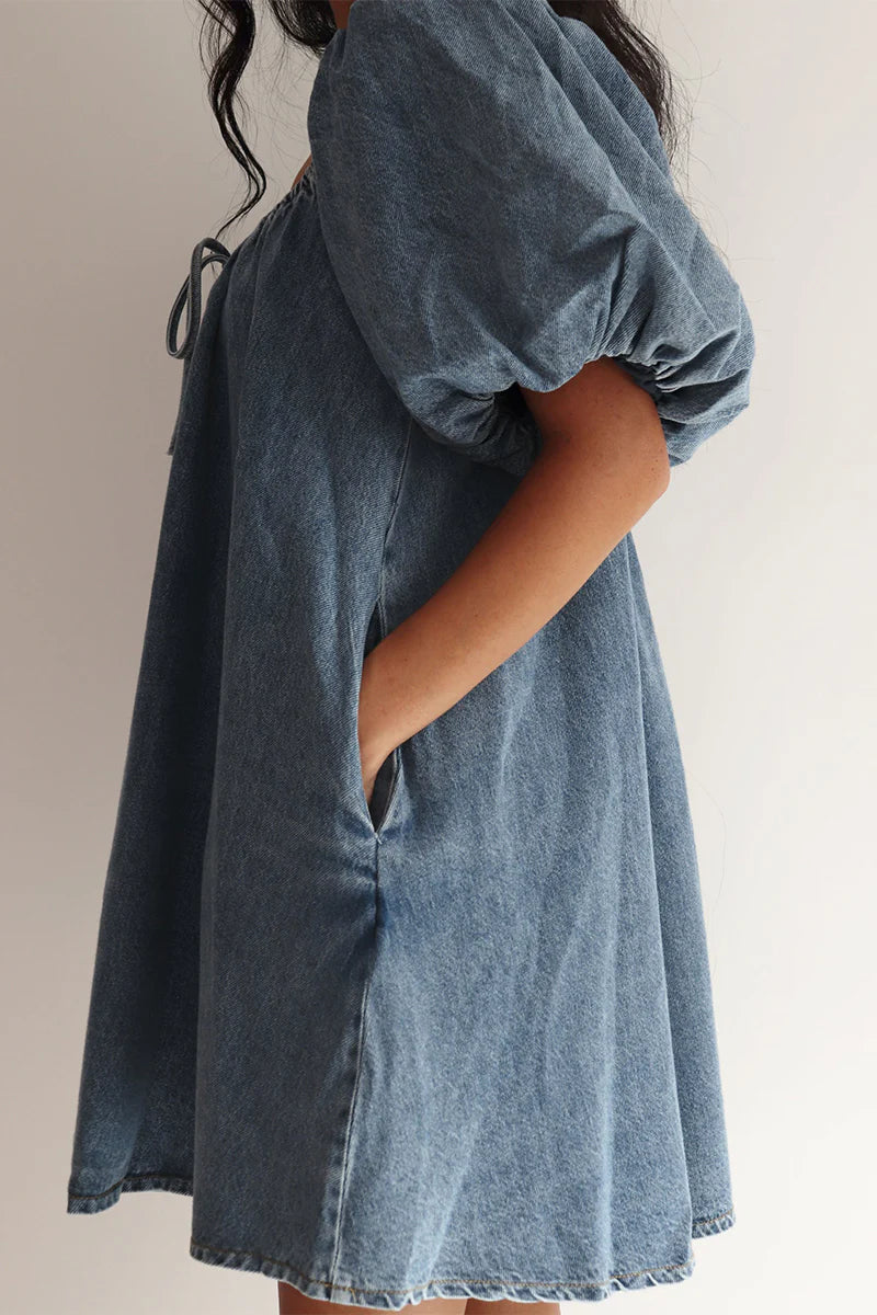 Casual Draw String Pocket Square Neck Short Sleeve Loose Denim Dresses