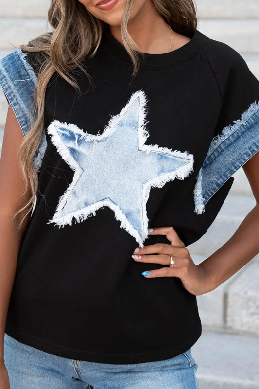 Casual The stars Distressed Patchwork O Neck T-Shirts