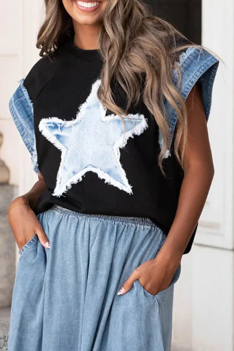 Casual The stars Distressed Patchwork O Neck T-Shirts