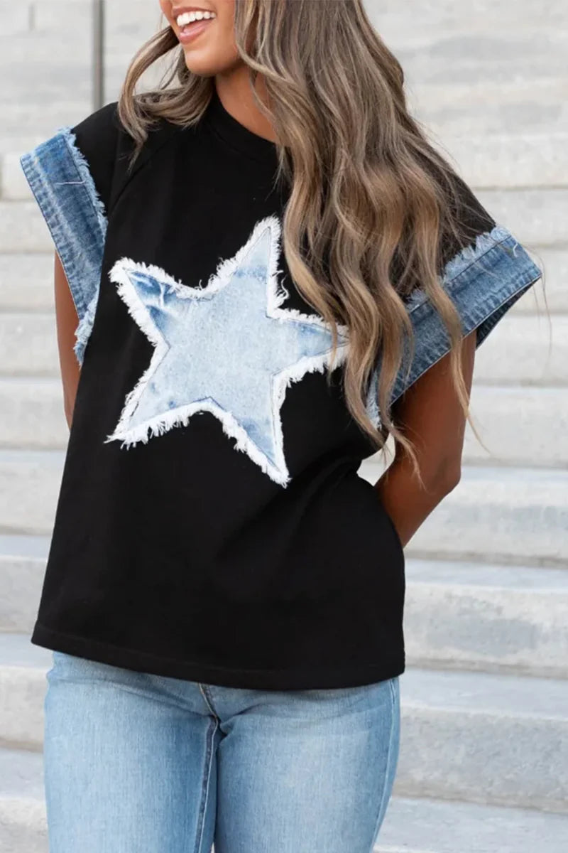 Casual The stars Distressed Patchwork O Neck T-Shirts