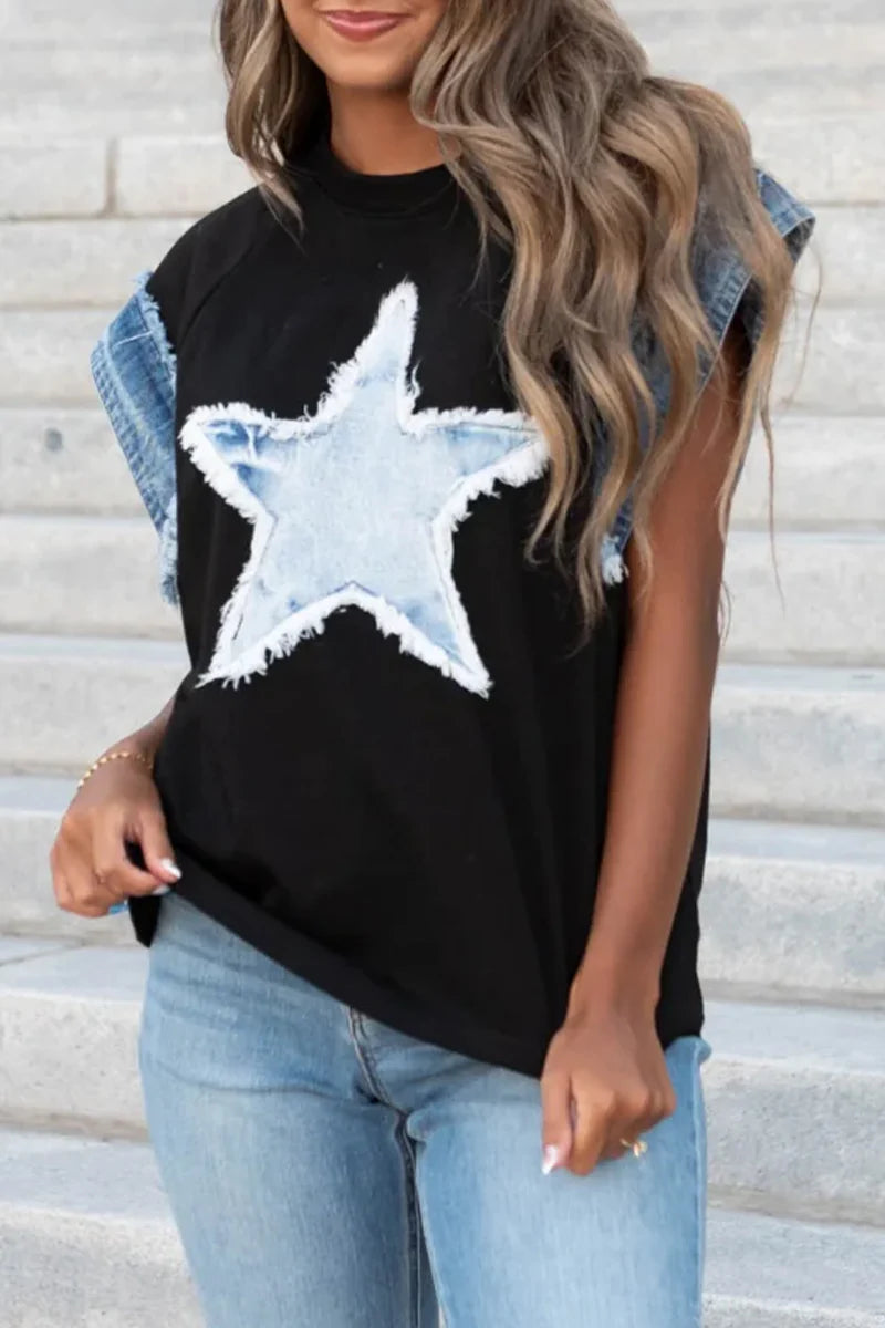 Casual The stars Distressed Patchwork O Neck T-Shirts