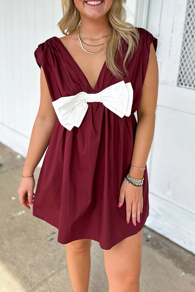 Daily Bow Patchwork Contrast V Neck Sleeveless Dresses