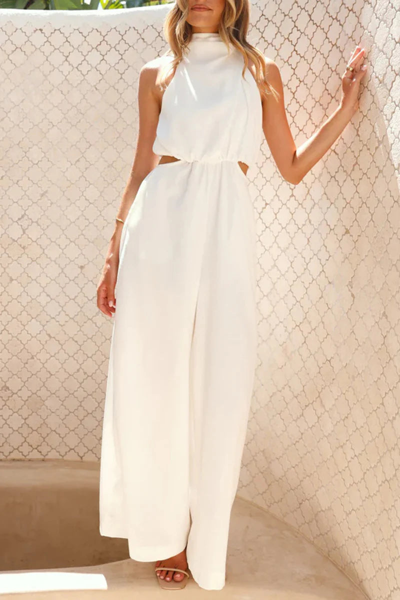 Casual Hollow Out Pocket Halter Loose Jumpsuit