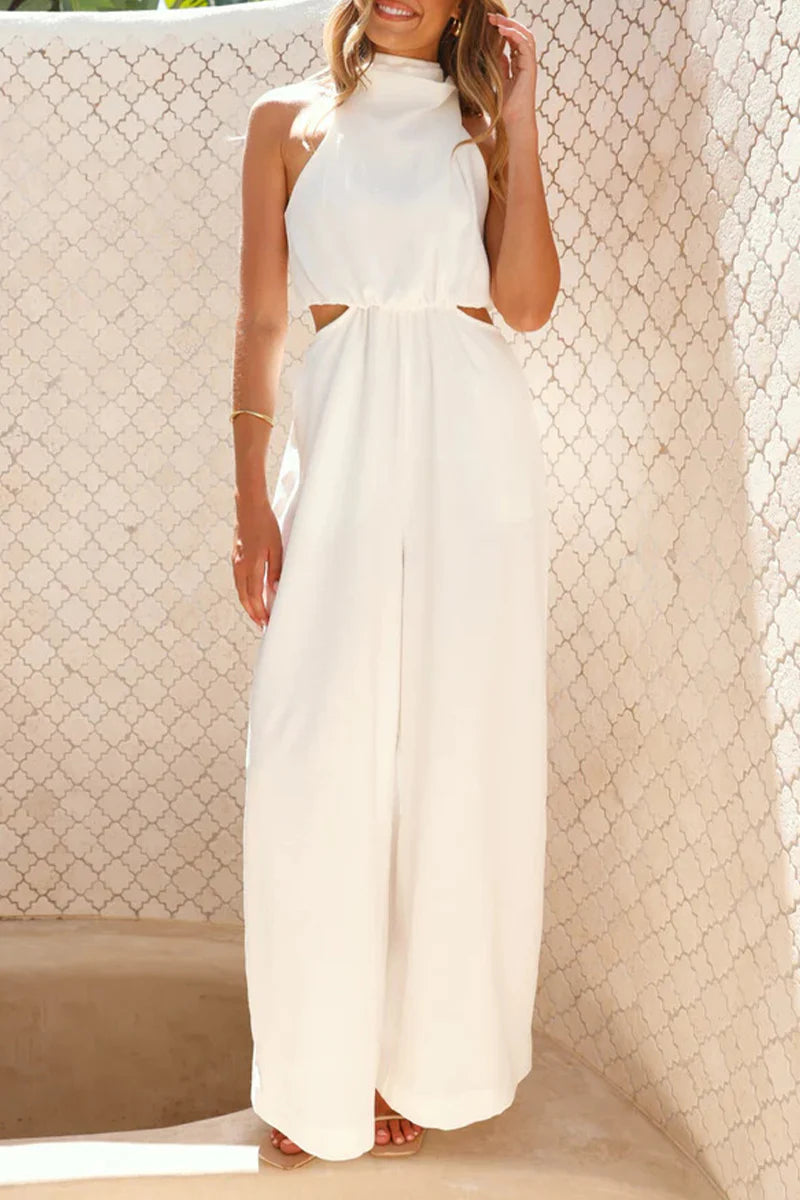 Casual Hollow Out Pocket Halter Loose Jumpsuit