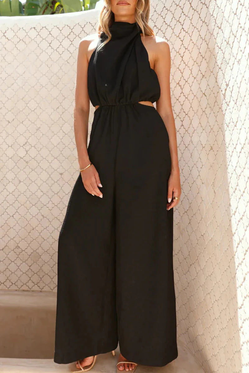 Casual Hollow Out Pocket Halter Loose Jumpsuit