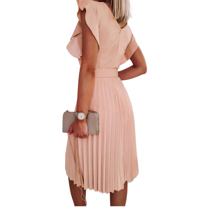 Flutter Sleeve Pleated Work Dress With Belt