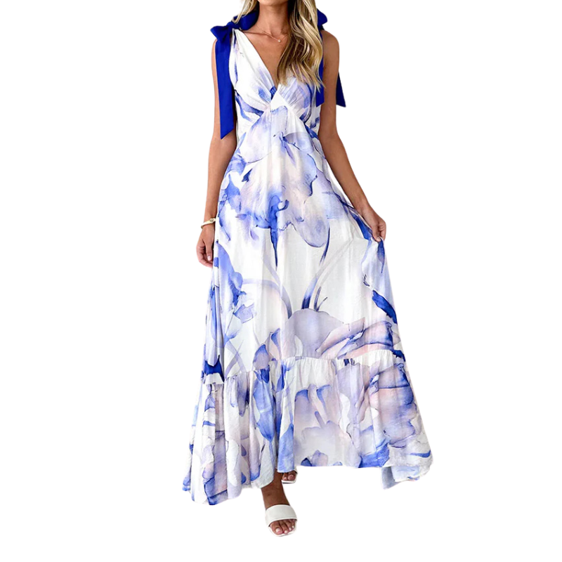 Unique Printed V-neck Sleeveless Lace-up Waist Maxi Dress