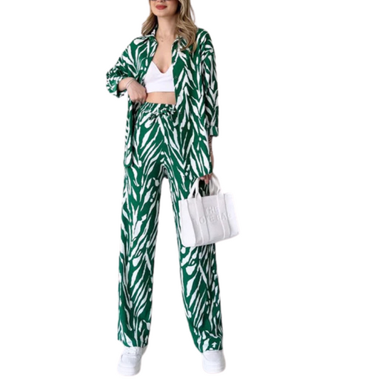 Chic Women's Zebra Print Shirt And Pants Set