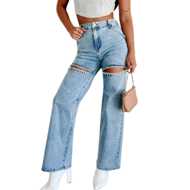 Women’s Rhinestone Ripped Straight-leg Jeans