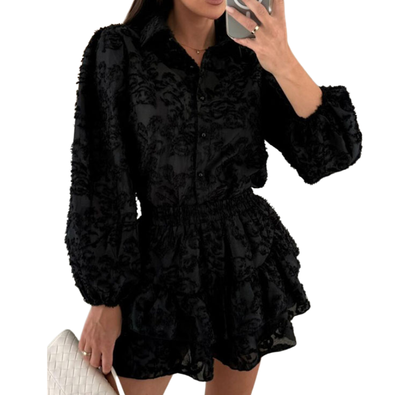 Unique Lace Texture Fabric Balloon Sleeve Blouse and Elastic Waist Layered Skirt Set