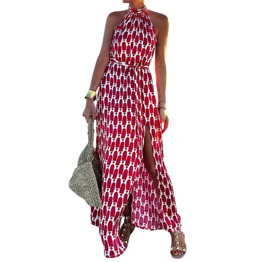 A-Line Loose Pleated Split-Side Tied Waist Halter-Neck Maxi Dresses