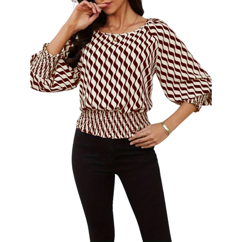 Loose Puff Sleeves Elasticity Printed Split-Joint Round-Neck Blouses