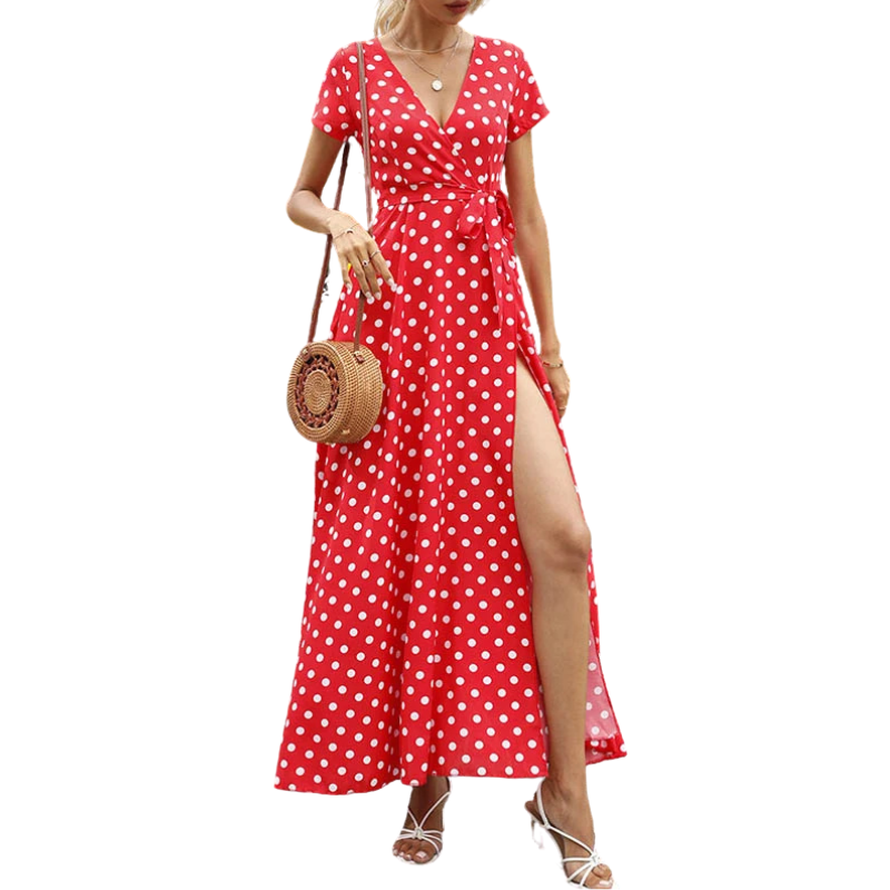 A-Line High Waisted Polka-Dot Tied Waist V-Neck Maxi Dresses