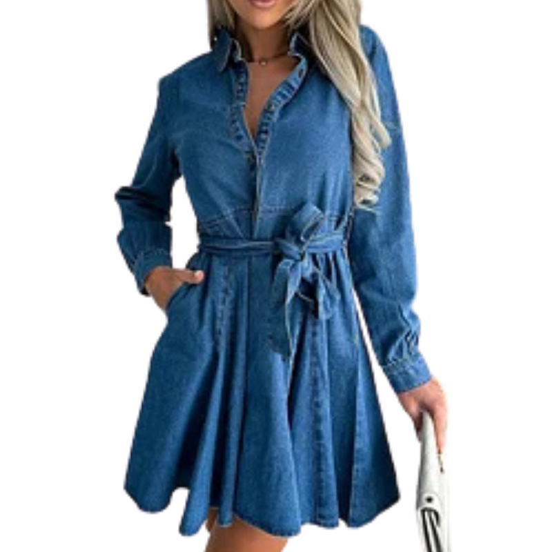 Stylish Long Sleeve Pocket Waist Belted Denim Mini Dress