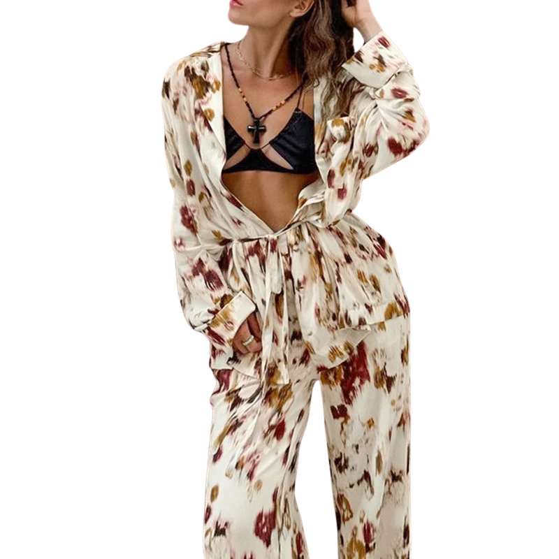 Long Sleeves Lace-Up Printed Lapel Blouse And High Waisted Elasticity Pants Two Pieces Set