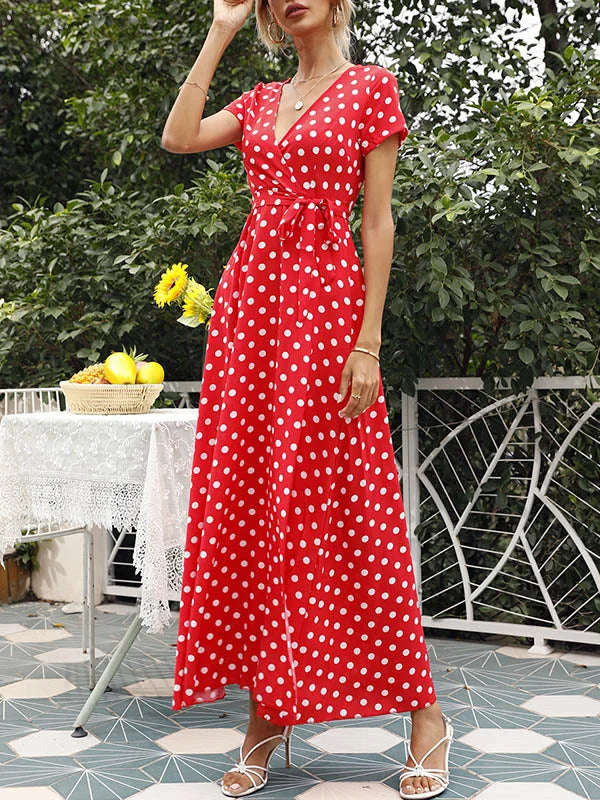 A-Line High Waisted Polka-Dot Tied Waist V-Neck Maxi Dresses