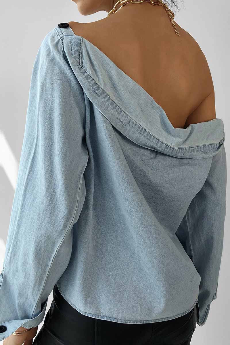 Spring Button-Neck Off-Shoulder Long-Sleeved Denim Shirt