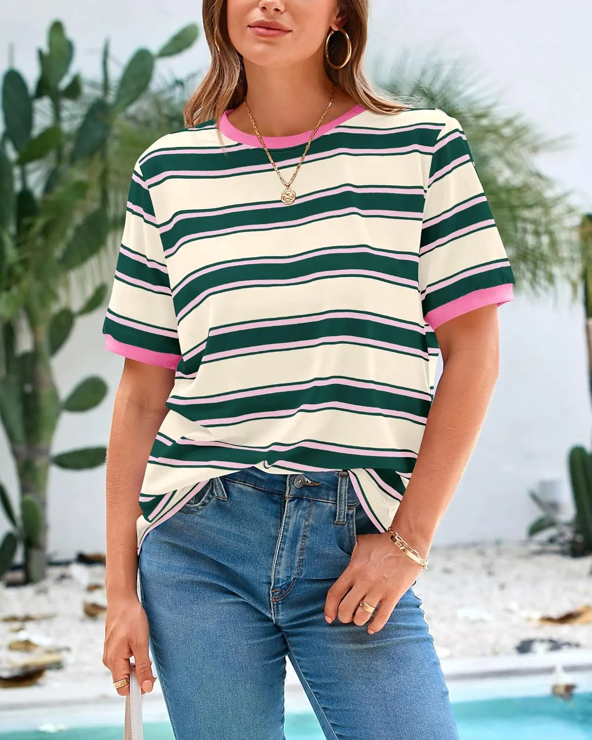 Color Block Crewneck Striped Short Sleeve T Shirts