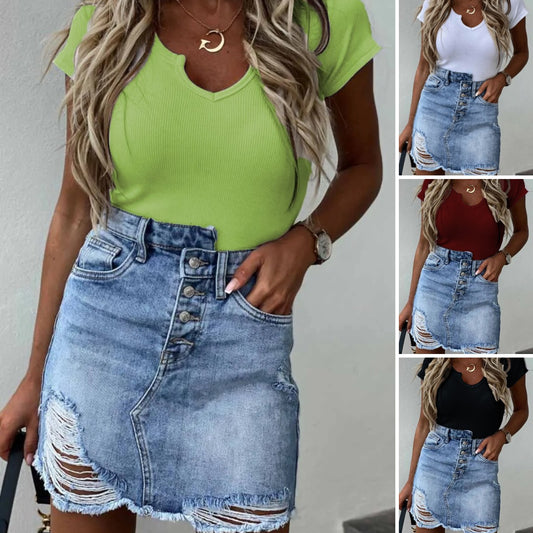 Irregular Denim Holes Mini Skirt