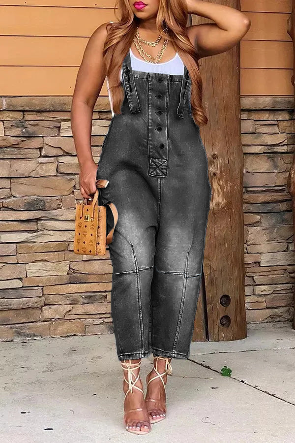 Casual Style Denim Suspender Jumpsuit