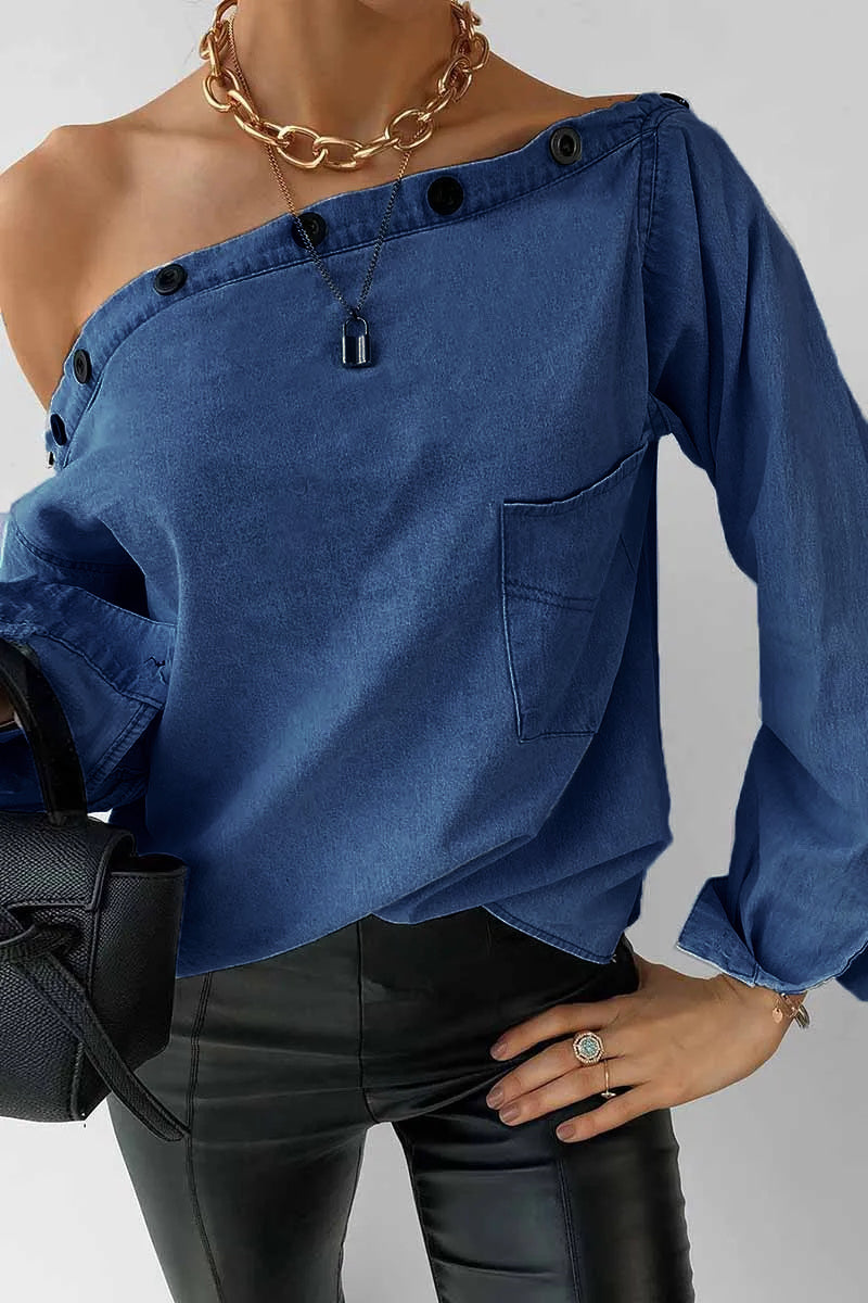 Spring Button-Neck Off-Shoulder Long-Sleeved Denim Shirt