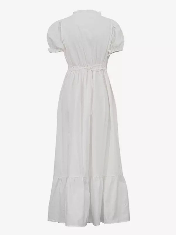 Long Dress With Puff Sleeve V-neck Belted Summer Dress