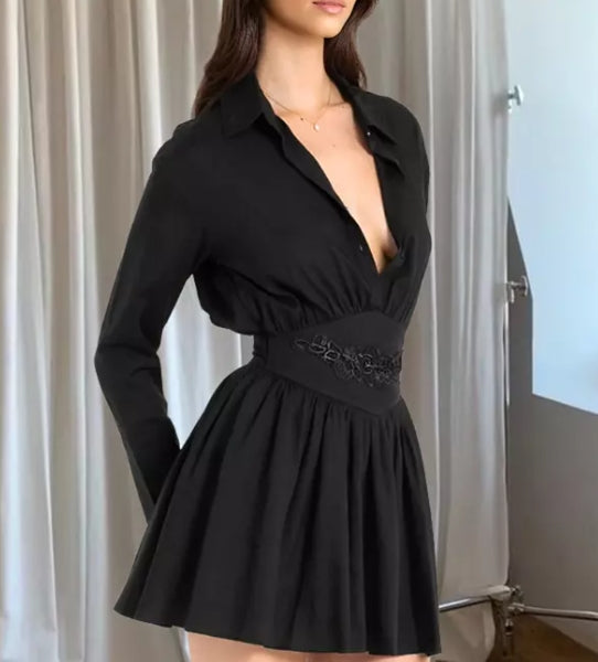 Lack Shirt Dress Deep V-neck Long Sleeve Vintage A-line Mini Dress