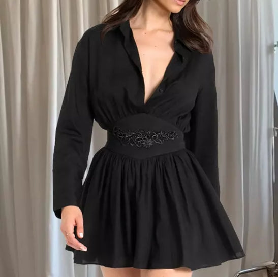 Lack Shirt Dress Deep V-neck Long Sleeve Vintage A-line Mini Dress