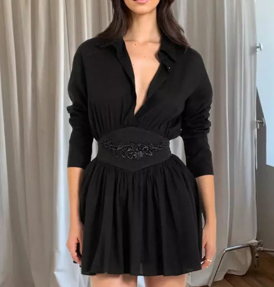 Lack Shirt Dress Deep V-neck Long Sleeve Vintage A-line Mini Dress