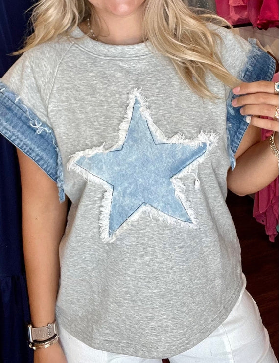 Casual The stars Distressed Patchwork O Neck T-Shirts