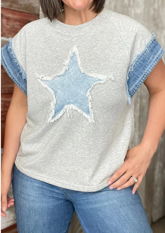 Casual The stars Distressed Patchwork O Neck T-Shirts