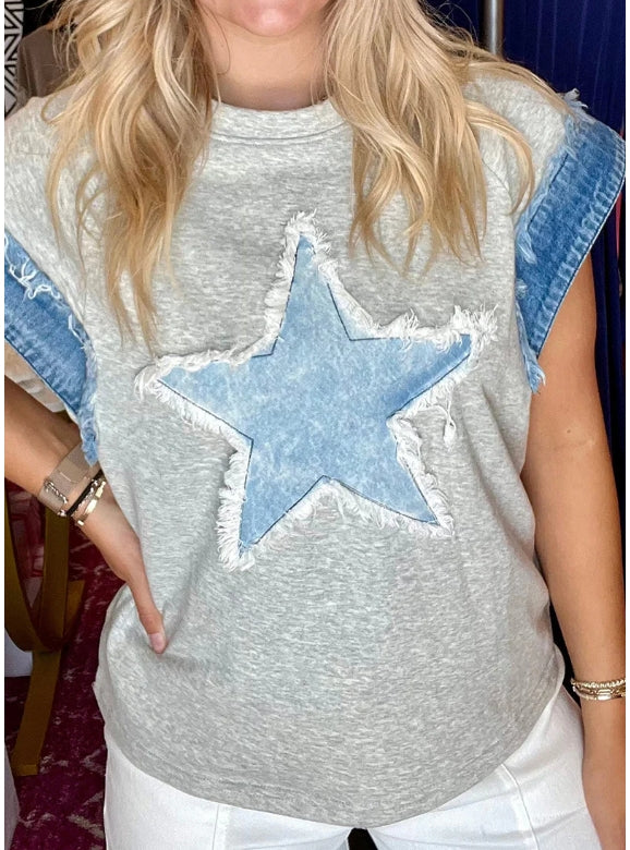 Casual The stars Distressed Patchwork O Neck T-Shirts