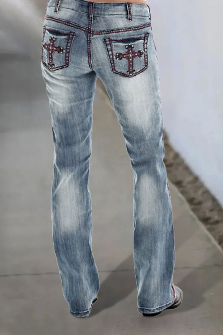 Ripped Embroidery Low Waist Bootcut Jeans