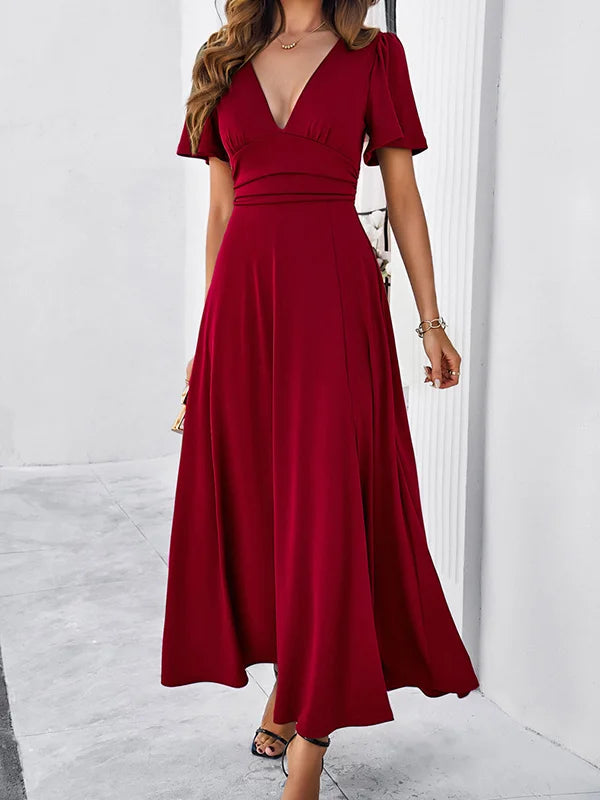 A-Line High Waisted Solid Color Split-Front V-Neck Maxi Dresses