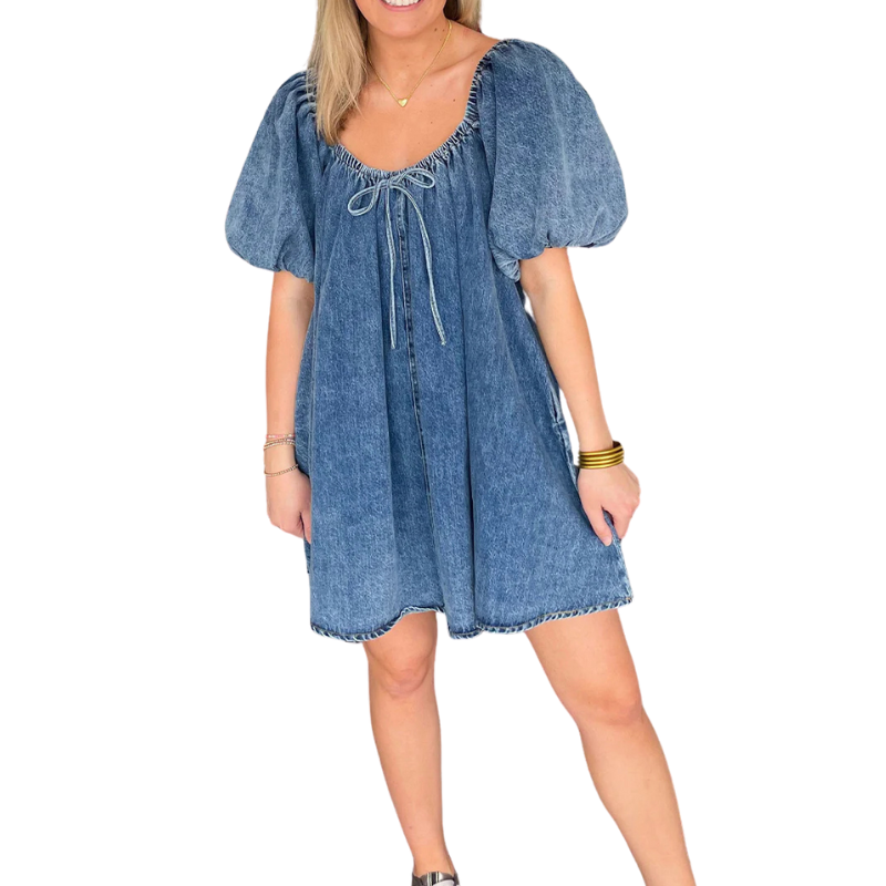 Casual Draw String Pocket Square Neck Short Sleeve Loose Denim Dresses