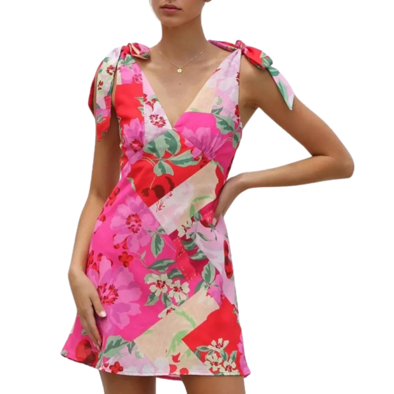 Floral Dress With Bow Shoulder Summer Vacation Mini Dress For Women