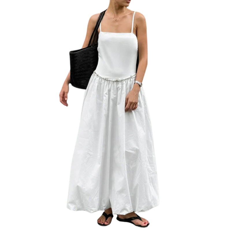 Strap Puffy Maxi White Dress