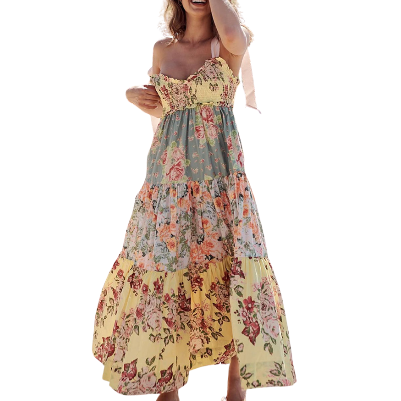 Floral Print Strappy Pleated Paneled Maxi Dress