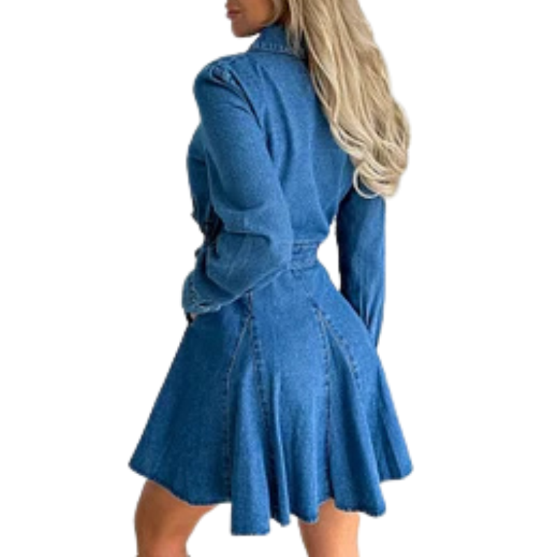 Stylish Long Sleeve Pocket Waist Belted Denim Mini Dress