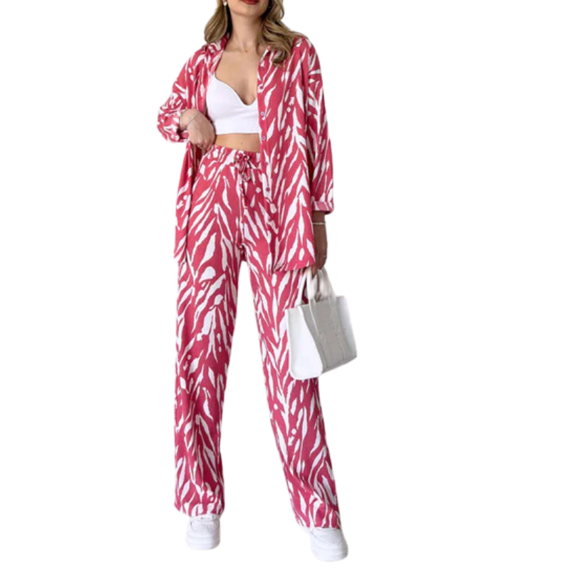 Chic Women's Zebra Print Shirt And Pants Set