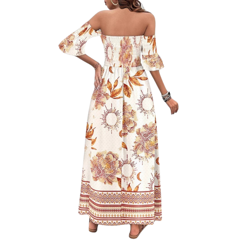 Print Off Shoulder Shirred Bell Sleeve Split Flowy Maxi Dress