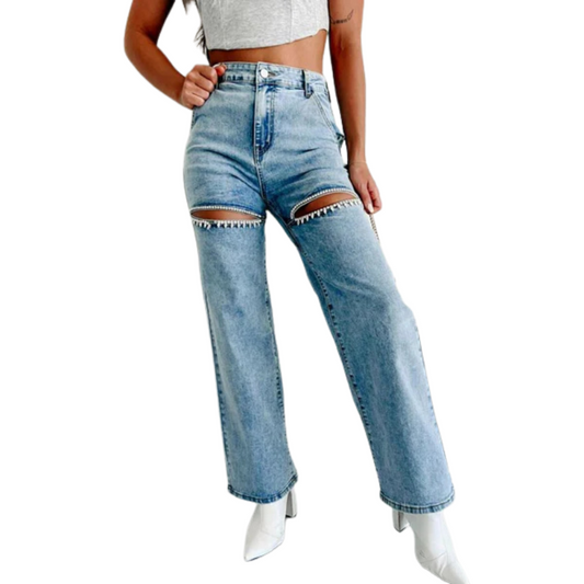 Women’s Rhinestone Ripped Straight-leg Jeans