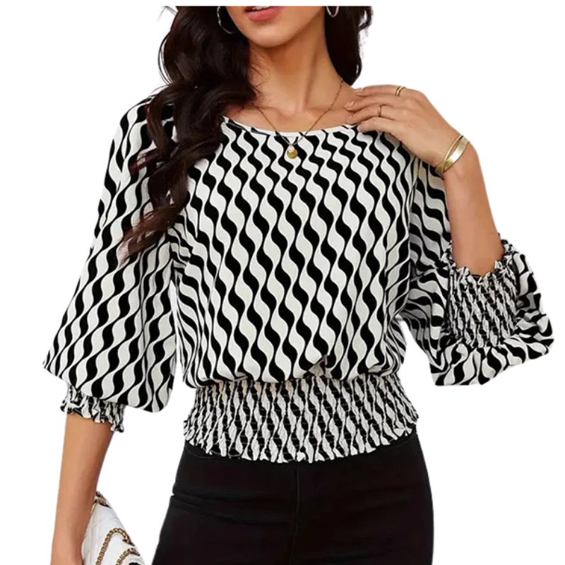 Loose Puff Sleeves Elasticity Printed Split-Joint Round-Neck Blouses