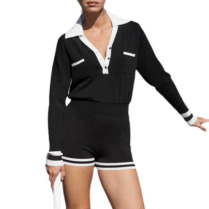 Fashion Long Sleeve Knit V-Neck Short Jumpsuit